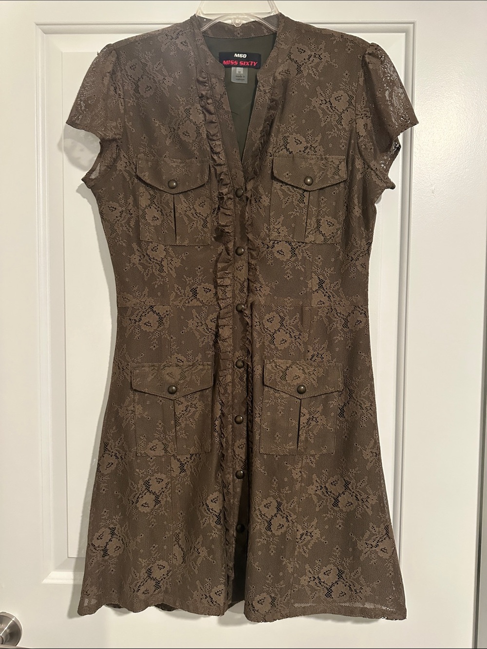 Miss Sixty Olive Lace Button-Front Mini Dress